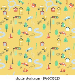 endless pattern set city cars traffic lights road. simple hand drawing style vector illustration