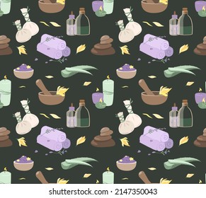 Endless Pattern Set of Tools,Spa Procedures Care.Glass bottles with organic beauty product,aloe,hot stones,lavender towel,serum essences,candle for wellness salon.Flat vector illustration