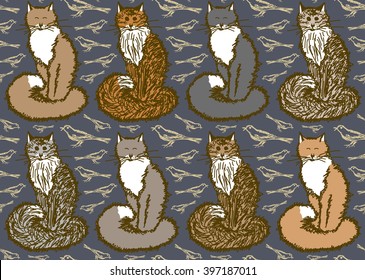 Endless pattern with sketches of animals: birds and cats