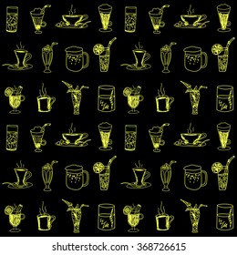 Endless pattern with sketches of beverages: coffee, tea,mulled wine,soda,milkshake,Mojito,juice,water and others.Seamless texture. Hand-drawn