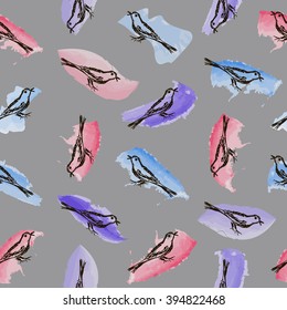 Endless pattern with sketches of birds on the background of the watercolor strokes. Hand-drawn. Seamless texture
