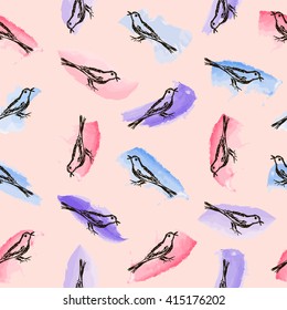 Endless pattern with sketches of birds on the background of the watercolor strokes. Hand-drawn. Seamless texture