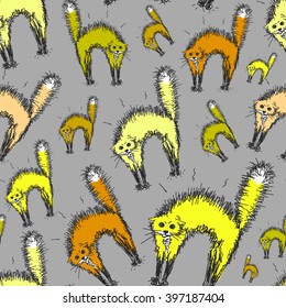 Endless pattern with sketches of cats. Hand-drawn cats in a defensive posture. Seamless texture