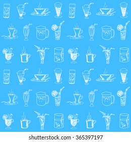 Endless pattern with sketches of different beverages. Seamless texture