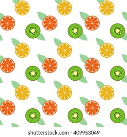 Endless pattern with slices of lemon, orange and kiwi with leaves on white background. Summer fruit texture. Vector illustration