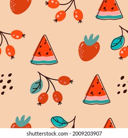 Endless pattern with slices of watermelon, strawberry and wild berries. Cartoon on a beige background. Seamless abstract print with fruit texture. Fabric design, wallpaper. Vector, flat style.