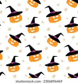 Endless pattern of smiling pumpkin in witch hat and Abstract element around in trendy Halloween hues