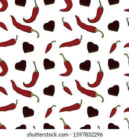 Endless pattern with spicy pepper and chocolate candies, hand drawn elements on white background.
