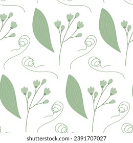 Endless pattern of spring twigs with spathiphyllum leaf and curled branch in trendy monochrome green