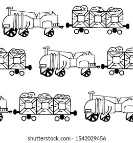Endless pattern with steam train and freight car. On a white background, isolated. Vector.