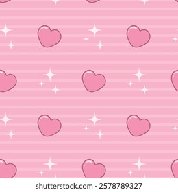 Endless pattern with stripes and hearts. Seamless pattern for Valentine's day. Repeating pattern with pink hearts