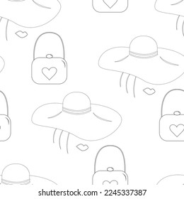 An endless pattern of a stylized female face with wide brimmed hat and purse in different positions