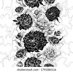 The endless pattern of summer flowers in black and white color. hand-drawn doodles in a realistic style. fashionable vector illustration for seasonal design. vintage style.