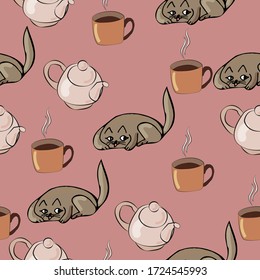Endless pattern of teapot, cat and tea. Homeliness
