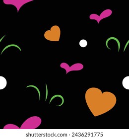 	
Endless pattern for textile. Seamless pattern with orange and pink hearts on a black background. Trendy color backdrop.	
