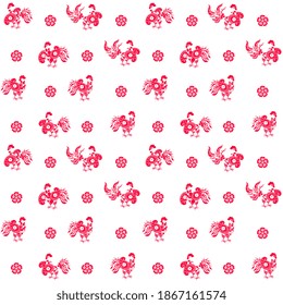 Endless pattern with tiny red cockerels in folk style and flowers on a white background. Print for fabric, wallpaper, packaging.