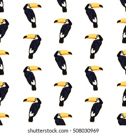 endless pattern of toucans with palm leaves