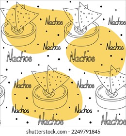Endless pattern with traditional corn Mexican chips Nachos and sauce in bowl with lettering Nachos