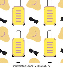 Endless pattern of a travel suitcase, a wide brimmed hat and sunglasses in trendy bright shades. EPS
