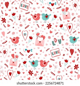 Endless pattern for Valentine's Day with birds and envelopes. Colorful illustration 