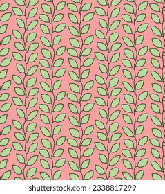 Endless pattern of vertical branches with green leaves on blush field. Simple gentle Scandinavian-style graphic print.