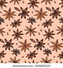 Endless pattern of whole anise seeds in brown colors on peach, spices for packaging and fabric