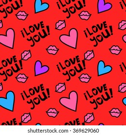 Endless pattern with the words I love you, hearts and kisses