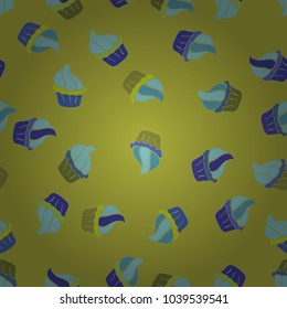 Endless pattern, yellow, blue and green background. Yellow, blue and green color. Cream. Seamless pattern with sweet desserts. Vector illustration. Wrapping paper.