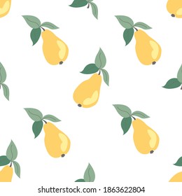 
Endless pattern of yellow pears on white background with green leaves