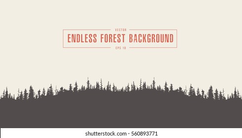 Endless pine forest design template, vector illustration, hand drawn, sketch