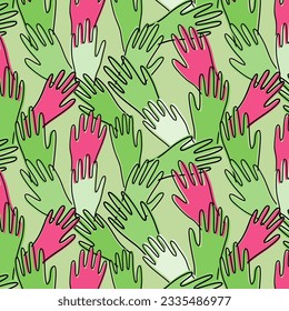 Endless pink and green background of touching human hands; conceptual vector pattern illustration of connection and help in society.