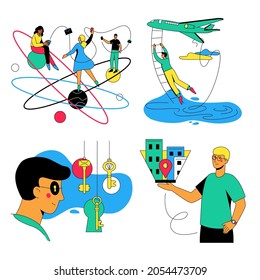 Endless possibilities - colorful flat design style illustrations with trendy characters. Online communication, key question, office location and safety concepts. Images of a plane, keyholes, building