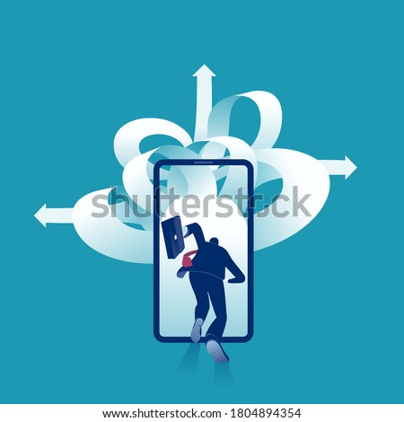 Endless possibilities. Entering world of mobile communication. Manager jumping into phone screen. Vector illustration.