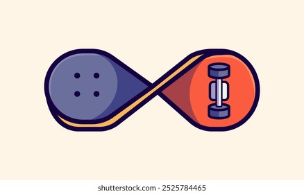 Posibilidades infinitas en la aptitud: Ilustración vectorial de dibujos animados de un símbolo del infinito que combina una bola de bolos y una mancuerna