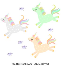 Endless print with cute cartoon unicorns of different colors and funny birds isolated on a white background. Fun fabric for the kid.