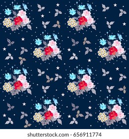 Endless print for fabric with cute bouquets of gardening flowers, leaves in patchwork style and little stars.