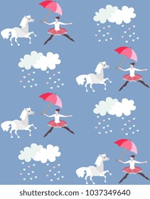 Endless print for fabric or wallpaper. Funny ballerina with umbrella, grey cartoon horse and clouds in blue sky. Vector summer design.