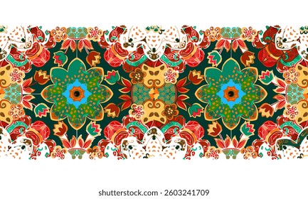 Endless print with mandalas and flowers in red, yellow and green colors on a black and white background for a scarf, rug or tablecloth runner.