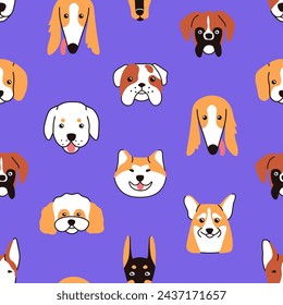 Endless print of pup muzzles. Repeatable pattern of cute dog snouts. Different puppies of corgi, akita inu, bulldog. Happy pet avatars, animals portraits in contour. Flat seamless vector illustration