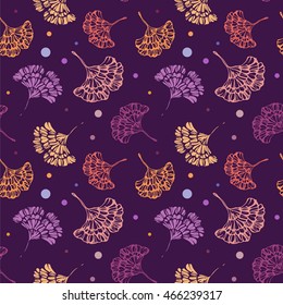  Endless Purple floral background. Seamless background with hand drawn ginkgo biloba leaves, vector plant illustration.