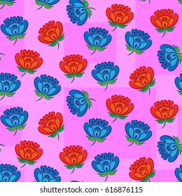 Endless red and blue flower abstract pattern. Background texture.  Vector illustration.