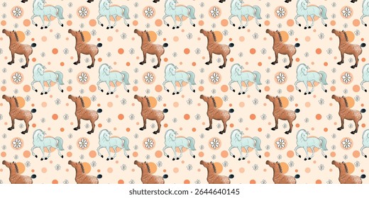 Um padrão infinito de repetição com cavalos. Cavalos bonitos em um suave. Fundo floral. Cavalos no campo. Campo de flores