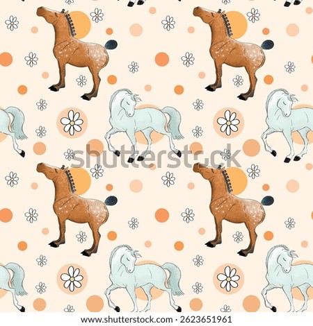 An endless repeating pattern with horses. Cute horses on a gentle one. Floral background. Horses on the field. Flower field