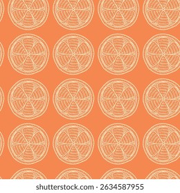 Endless repeating pattern with sliced ​​orange. Doodle fruits. Orange slice. Orange background. Printable pattern. Repeating