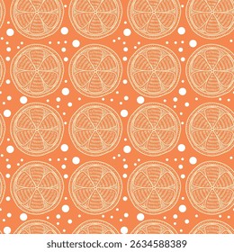 Endless repeating pattern with sliced ​​orange. Doodle fruits. Orange slice. Orange background. Printable pattern. Repeating