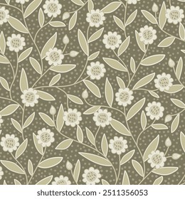 Endless retro floral pattern in earth tones with hand-drawn folk daisies and leaves. Textured print for textiles, wallpapers and decoration.