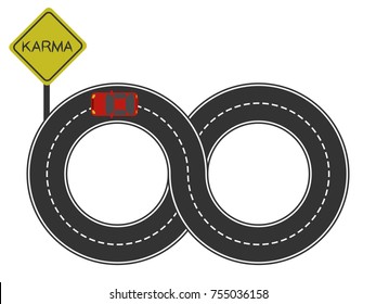 endless road in the form of a figure 8 with red car. Karma concept road map view quadcopter. Vector illustration highway texture with yellow road sign