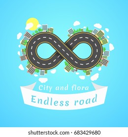 Endless road. Travel time. The carriageway. Banner of white ribbon. Cities and settlements. Trees and plants. Vector illustration