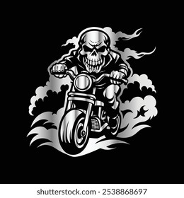 Endless Route: Skull Biker in Vintage Vector Style, Designed for Classic Motorcycle Aesthetics
