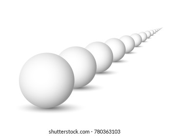 Endless row of white spheres, balls or orbs. 3D vector objects with dropped shadow on white background.